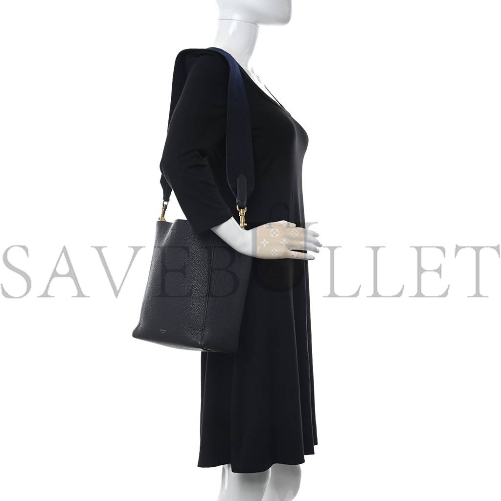 Ce**e soft grained calfskin small sangle bucket bag navy blue (25*18*11cm)
