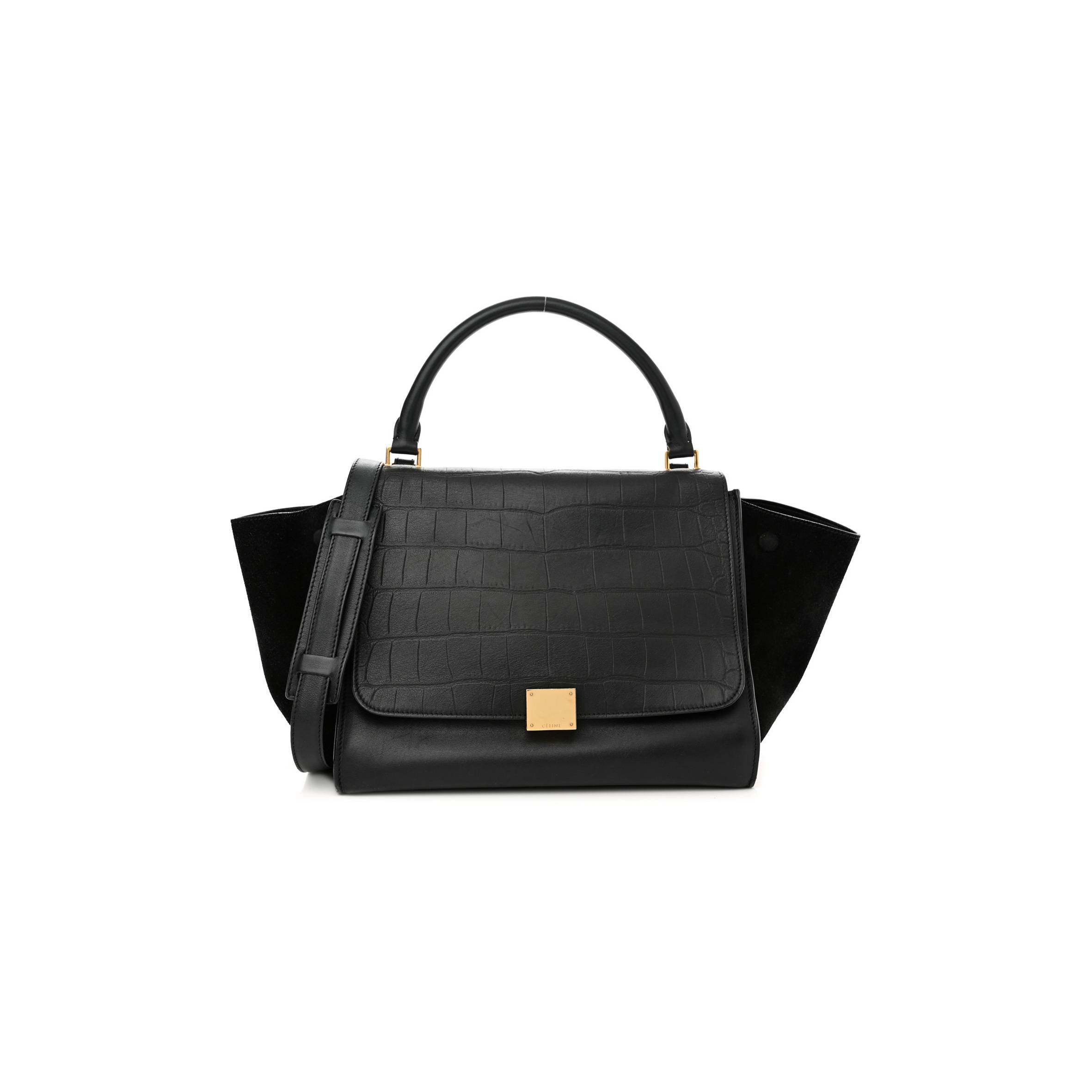 Ce**e crocodile embossed calfskin suede medium trapeze black (30*25*18cm)