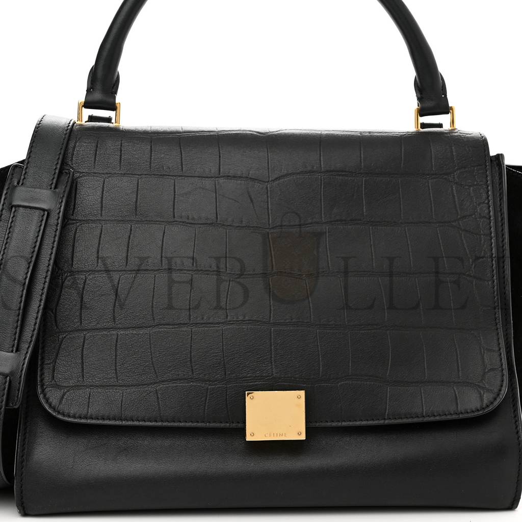 Ce**e crocodile embossed calfskin suede medium trapeze black (30*25*18cm)