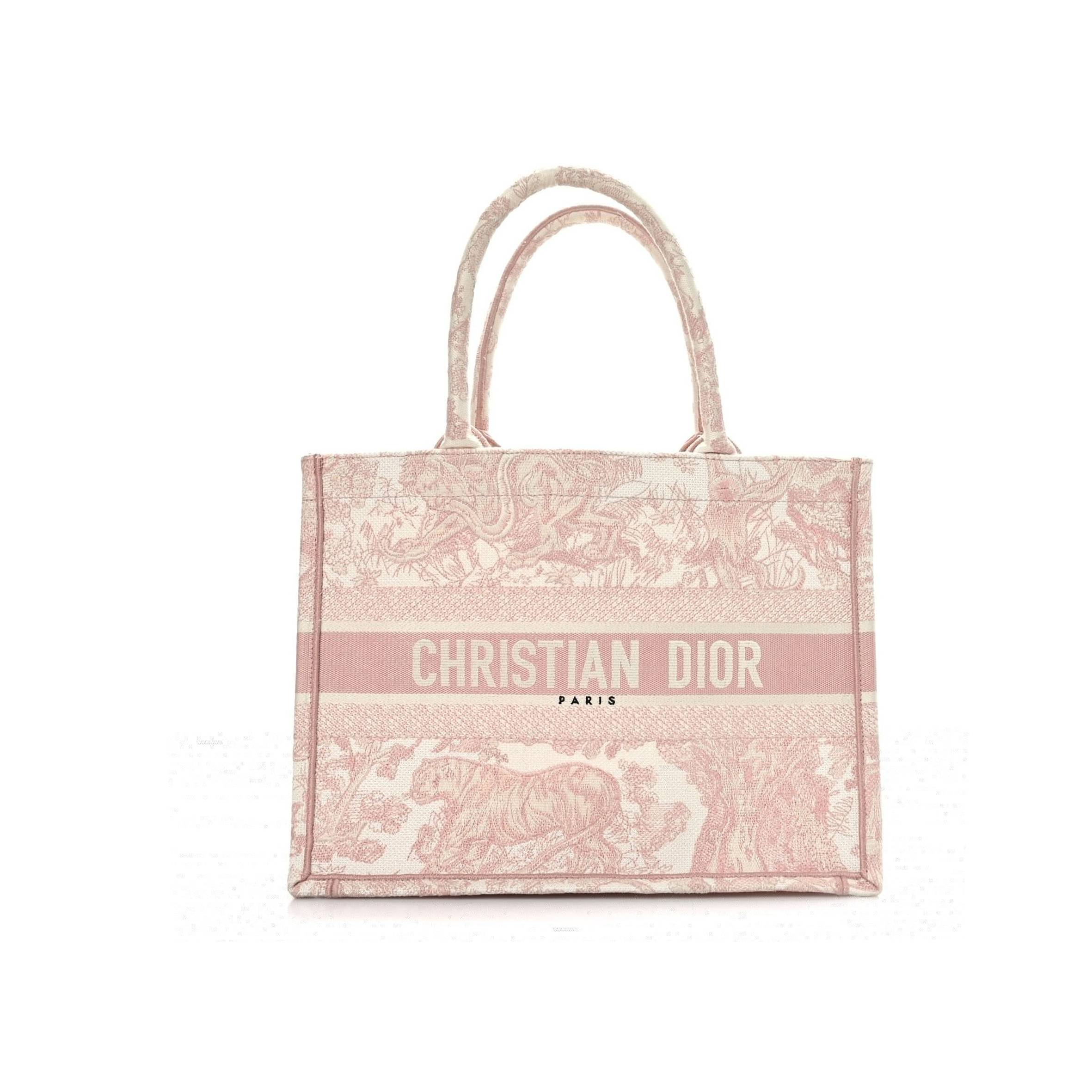 D*or canvas toile de jouy embroidered medium book tote pink (36*27*12.1cm)